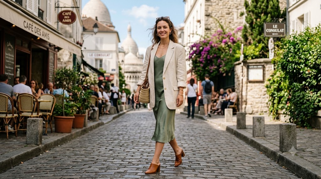 Sage Green Silk Slip Dress with Oversized Linen Blazer